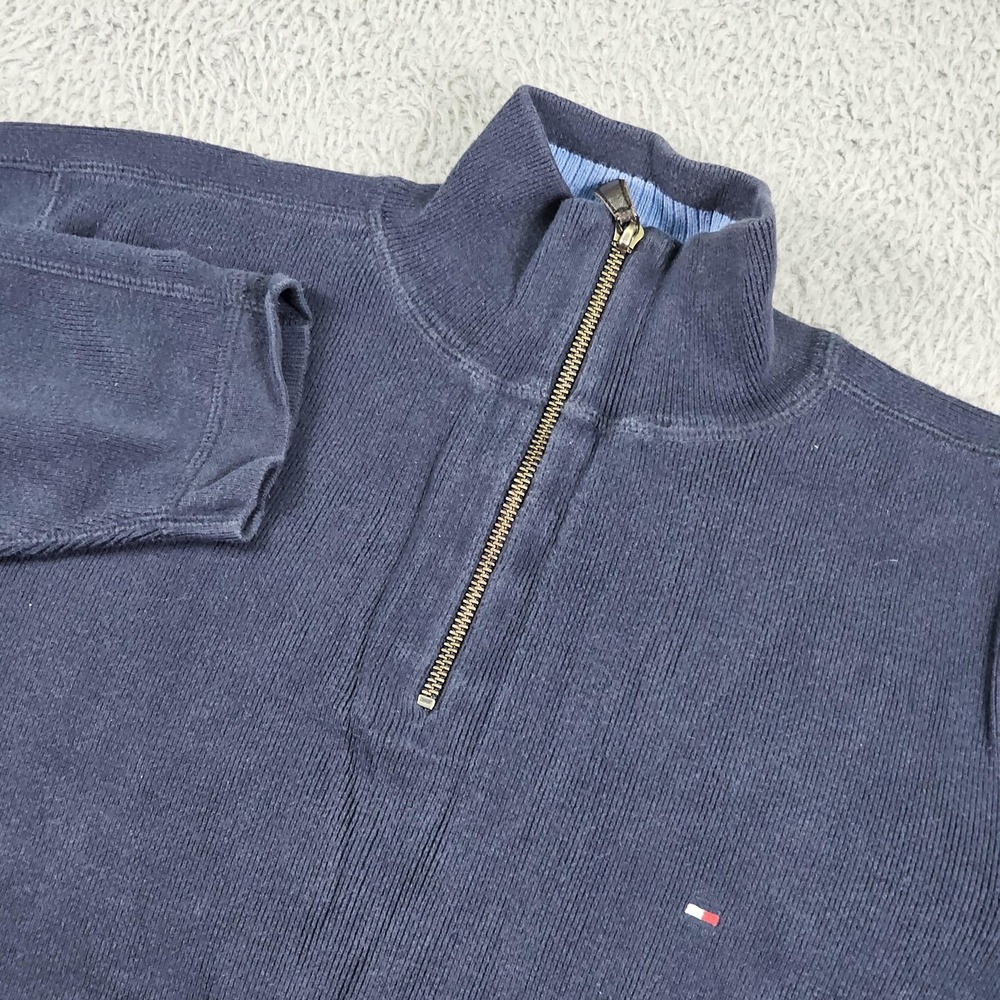 Tommy Hilfiger Sweater Mens Small Navy Quarter Zip Cotton Flag Logo Pullover